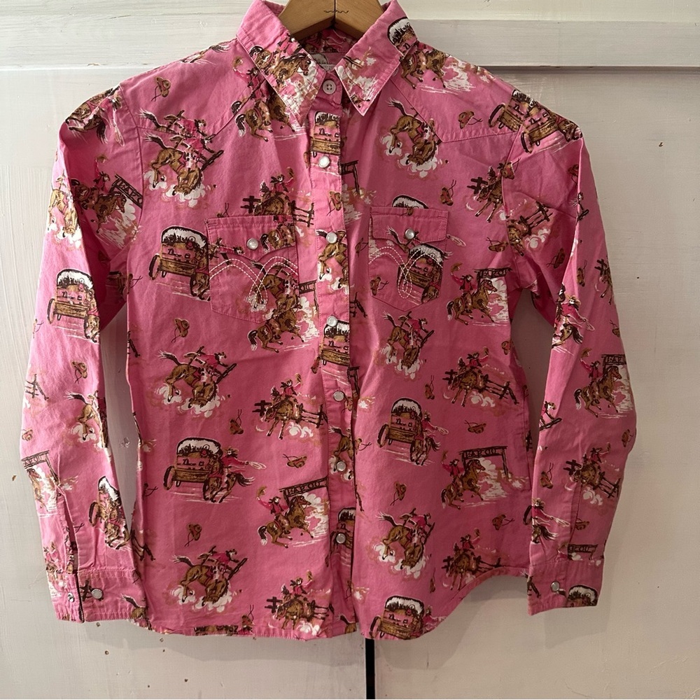 Girls Panhandle Pink Printed Button Down Pearl Snap Shirt S: XL, fits like 8/10 - Picture 3 of 11